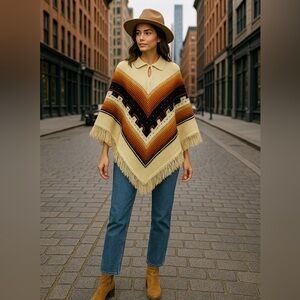 Southwestern Knit Fringe Poncho Cape with Collar – Warm Sunset Chevron Pattern